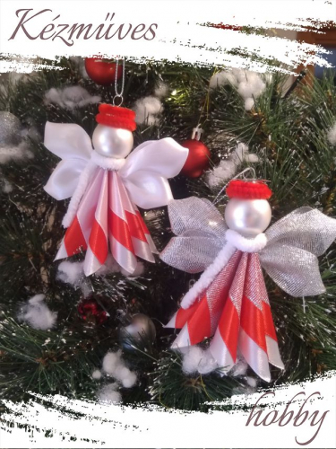Quilling ajándék - Karácsonyfadísz - Angyalka piros ruhás + ajándék tasak - Karácsonyfadísz