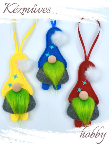 Quilling ajándék - Manók - Apró Manók filcből (zöld szakállú)- Karácsonyfadísz