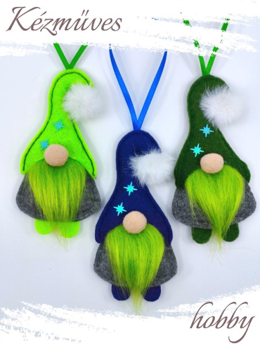 Quilling ajándék - Manók - Apró Manók filcből (zöld szakállú)- Karácsonyfadísz