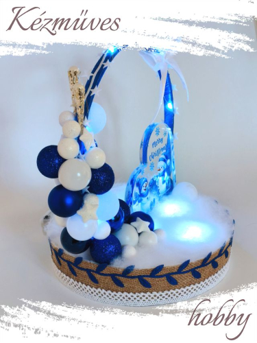 Quilling ajándék - Ünnepek - Karácsonyi asztaldísz hóemberrel és LED világítással (kék) - Karácsonyi asztaldísz