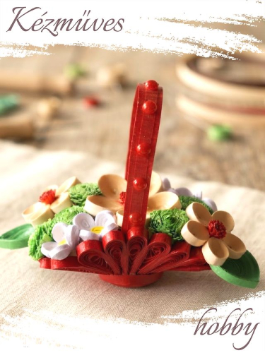 Quilling ajándék - Quilling termékek - Piros Florentin kosár - Quilling Asztaldísz