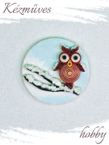 Quilling ajándék - Hűtőmágnes - Téli Uhu bagoly hűtőmágnes - Quilling hűtőmágnes