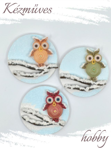 Quilling ajándék - Hűtőmágnes - Téli Uhu bagoly hűtőmágnes - Quilling hűtőmágnes