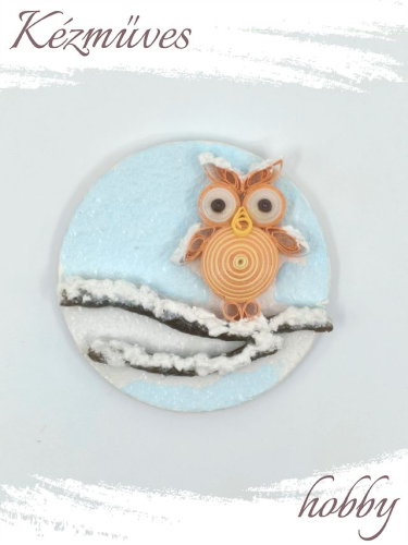 Quilling ajándék - Hűtőmágnes - Téli Uhu bagoly hűtőmágnes - Quilling hűtőmágnes