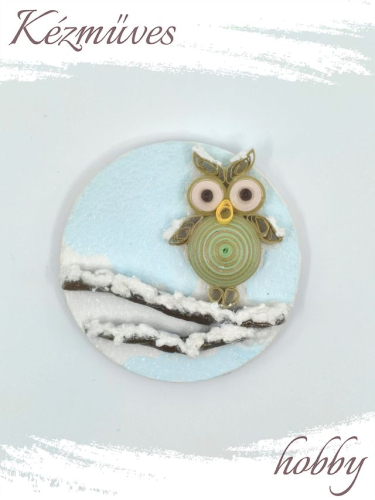 Quilling ajándék - Hűtőmágnes - Téli Uhu bagoly hűtőmágnes - Quilling hűtőmágnes