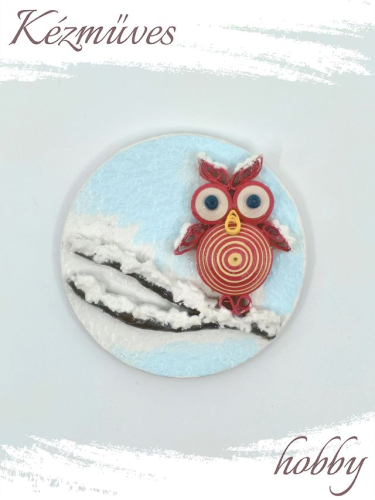Quilling ajándék - Hűtőmágnes - Téli Uhu bagoly hűtőmágnes - Quilling hűtőmágnes