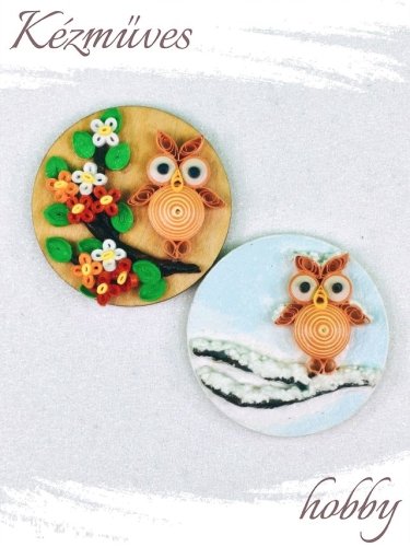 Quilling ajándék - Hűtőmágnes - 2 évszak Uhu bagoly hűtőmágnes (barack) - Quilling Hűtőmágnes