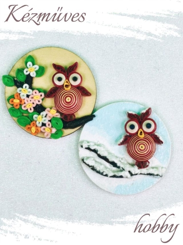 Quilling ajándék - Hűtőmágnes - 2 évszak Uhu bagoly hűtőmágnes (piros) - Quilling Hűtőmágnes