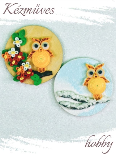 Quilling ajándék - Hűtőmágnes - 2 évszak Uhu bagoly hűtőmágnes (sárga) - Quilling Hűtőmágnes