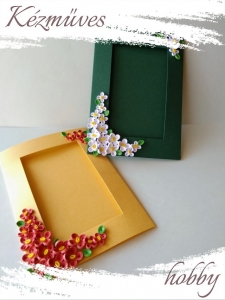 Quilling ajándék - Quilling termékek - Díszített képtartó zöld-gyöngyházfényű sárga - Quilling képeslap, fényképtartó