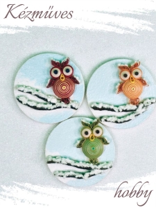Quilling ajándék - Hűtőmágnes - Téli Uhu bagoly hűtőmágnes - Quilling hűtőmágnes