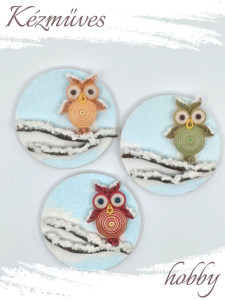 Quilling ajándék - Hűtőmágnes - Téli Uhu bagoly hűtőmágnes - Quilling hűtőmágnes