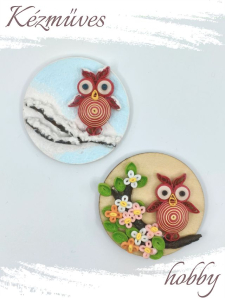 Quilling ajándék - Hűtőmágnes - 2 évszak Uhu bagoly hűtőmágnes (piros) - Quilling Hűtőmágnes