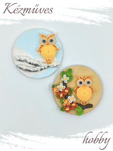 Quilling ajándék - Hűtőmágnes - 2 évszak Uhu bagoly hűtőmágnes (sárga) - Quilling Hűtőmágnes