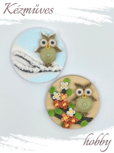 Quilling ajándék - Hűtőmágnes - 2 évszak Uhu bagoly hűtőmágnes (zöld) - Quilling Hűtőmágnes